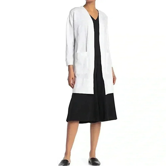 New Eileen Fisher Cotton Stretch Jersey Cardigan Bracelet Sleeve Summer White - Picture 1 of 11